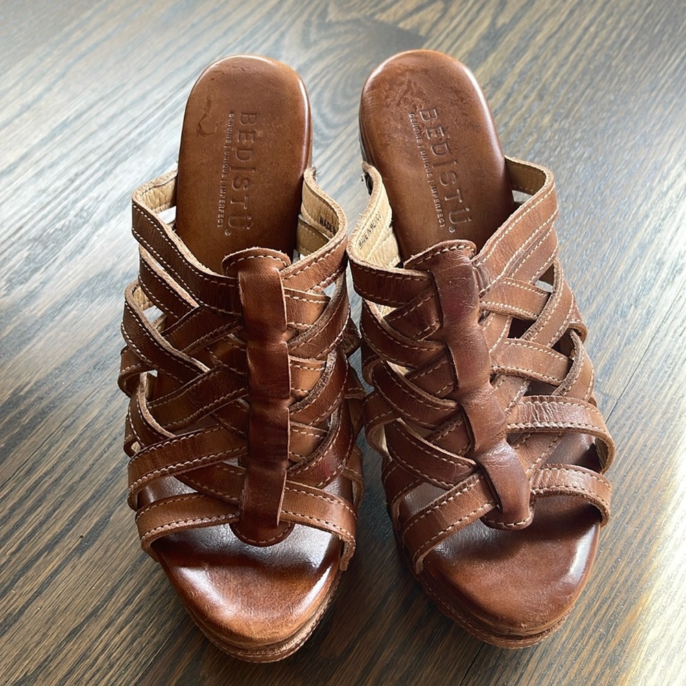 Women’s Bed Stu Brown Leather Platform Wedge Slide Sandals Size 8.5M